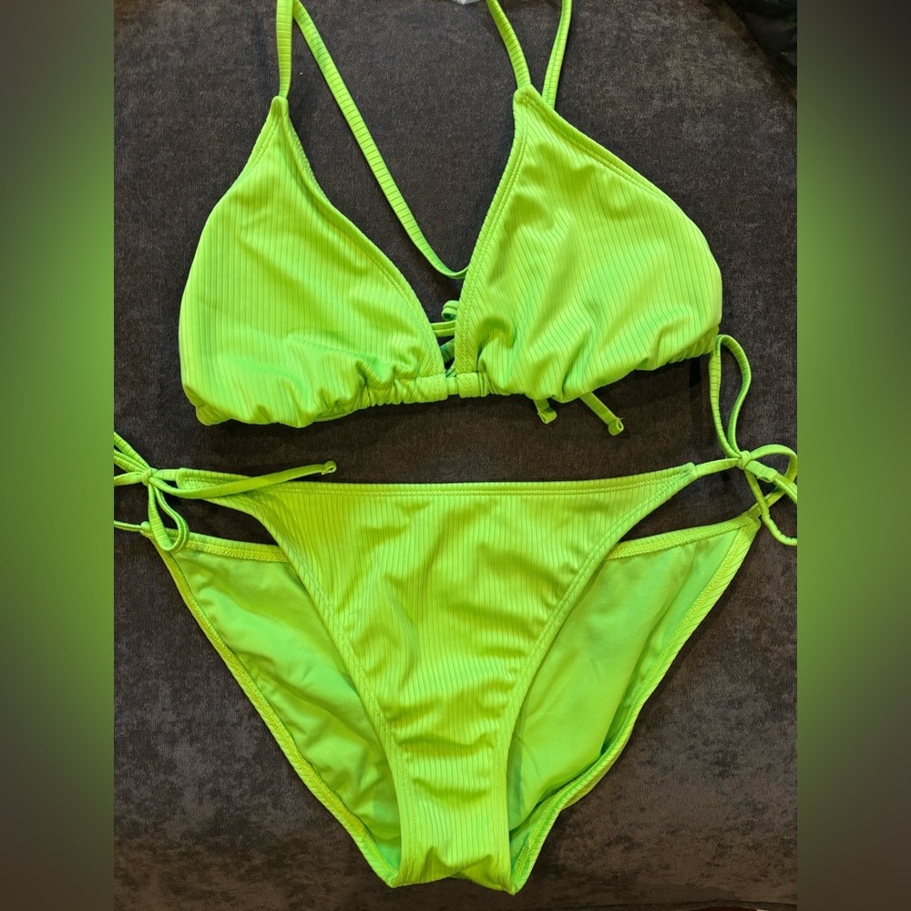 wild fable Neon Lime Ribbed String Bikini Set